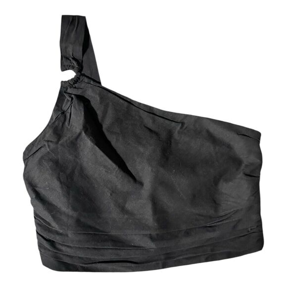 NWT Zara Crop Top One Shoulder‎ Linen Blend Black Ruched Size Large Zip - Picture 1 of 4